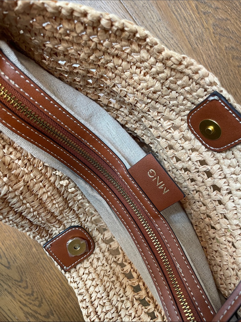 Mango Woven Straw Hobo Bag with Brown Leather Trim CB CB - Picture 13 of 14